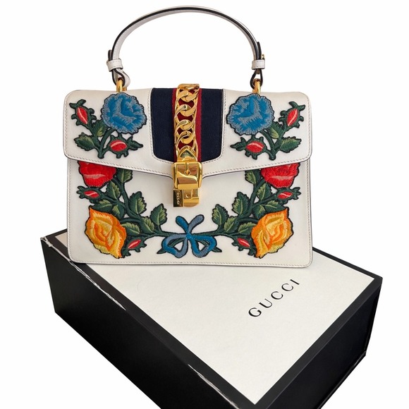 Gucci Handbags - Gucci Sylvie Medium Floral Embroidered Leather Top Handle Bag | Box + Dust Bag